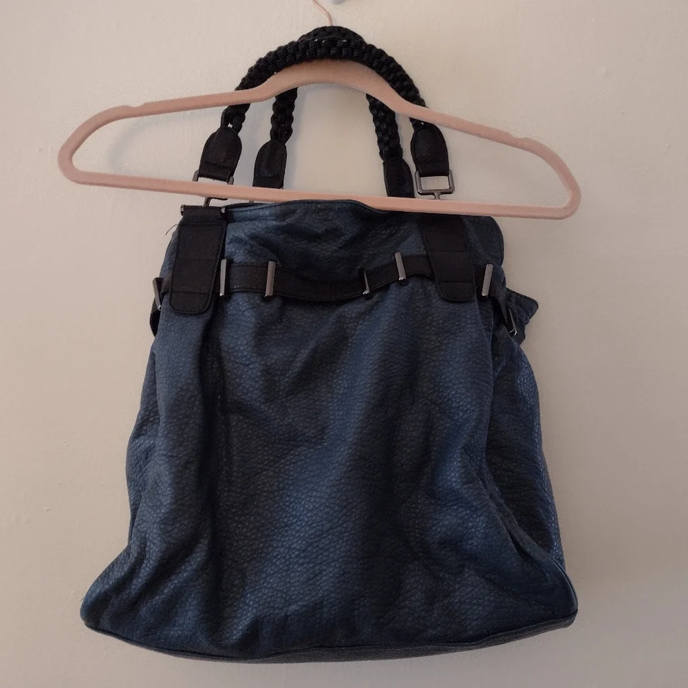 Romeo & Juliet Couture Blue Large Faux Leather Handbag w/ Braided Handle